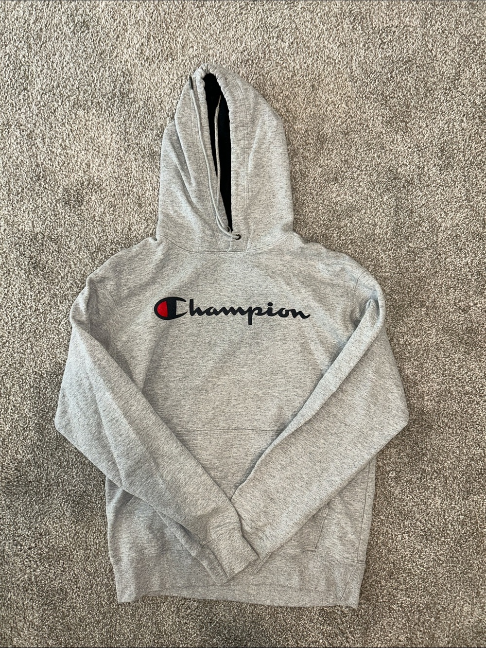 Champion Heather Gray Hoodie with Logo and Red Accent